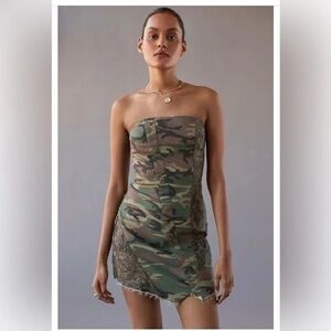 UO Incognito Denim Tube Camouflage Mini Dress NWT L Large with Button Detail